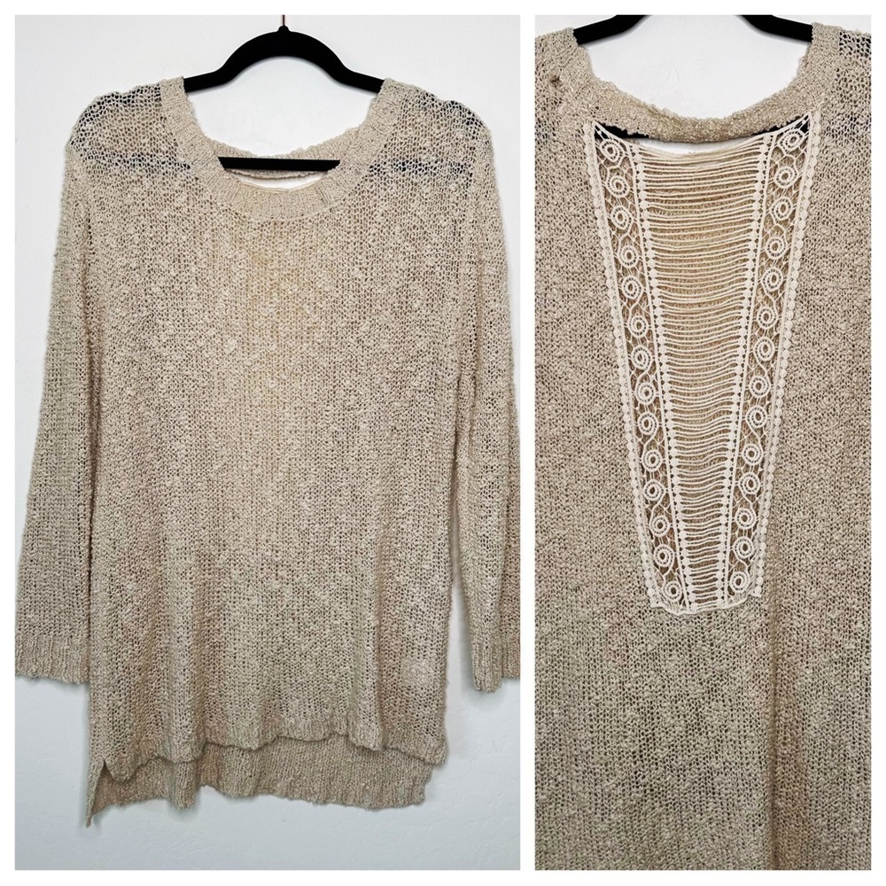 Boho Neutral Nude Slouchy Fit Embroidered Back Knit Sweater Small Medium